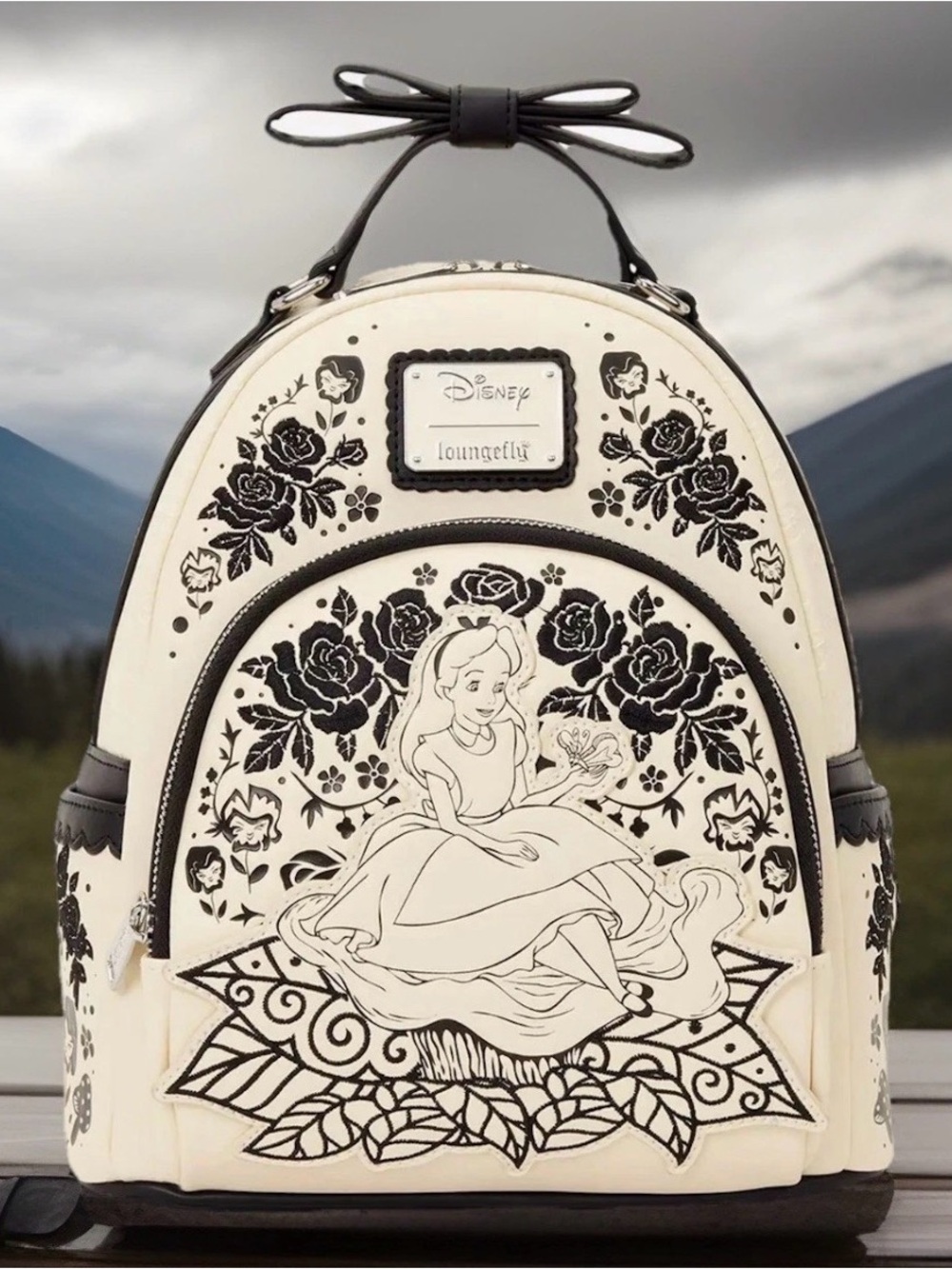 NEW Loungefly Disney ALICE In Wonderland Black & White Floral Sketch Backpack